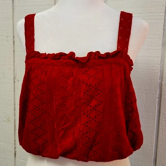 ANTHROPOLOGIE Soigne Red Eyelet Lace Sleeveless Cropped Top Bohemian Summer - Picture 5 of 12
